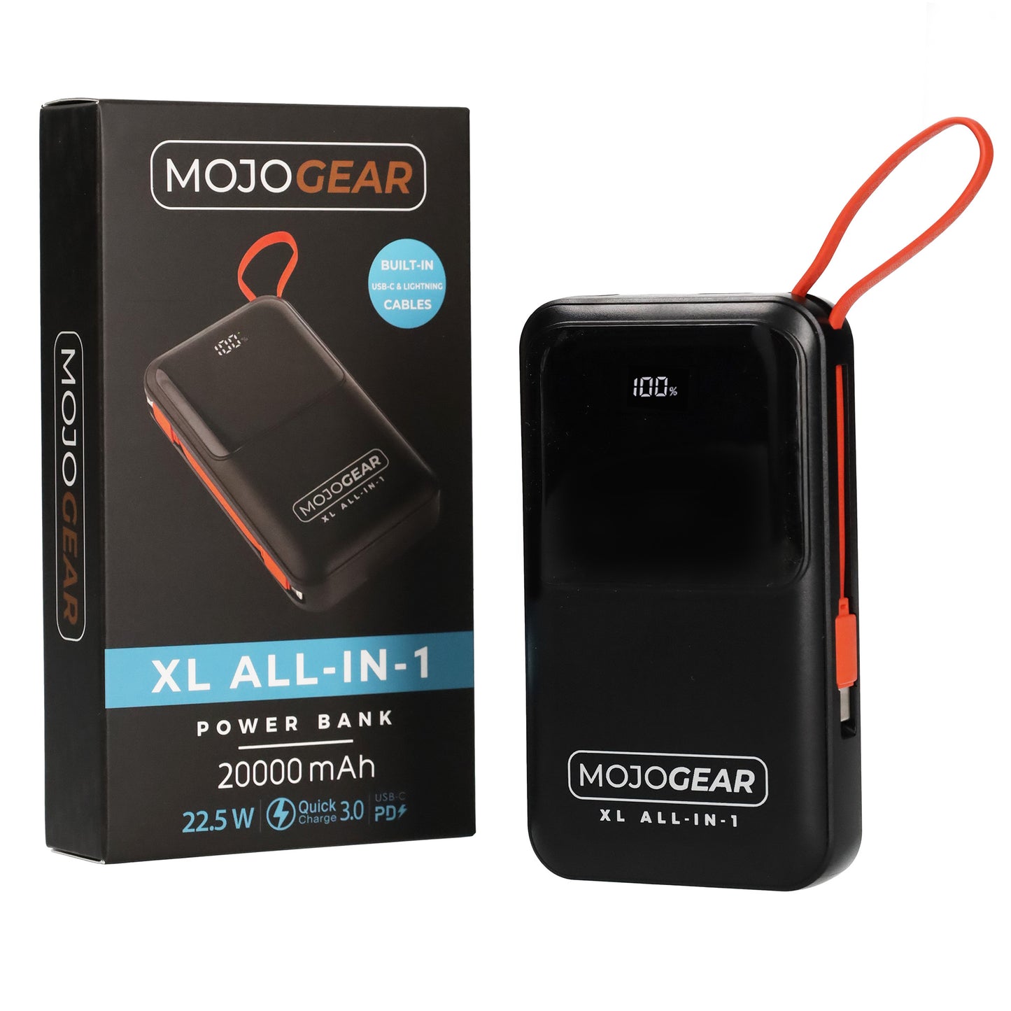 Batterie externe tout-en-un MOJOGEAR XL 20 000 mAh avec câbles Lightning et USB-C intégrés