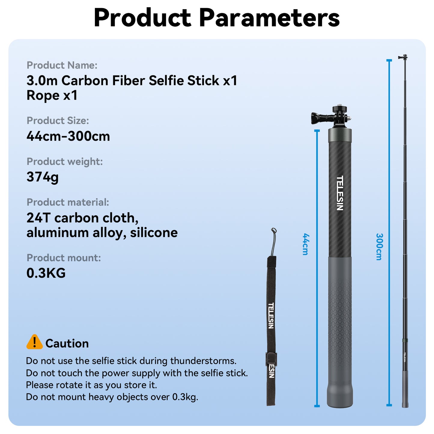 Telesin 3 meter Premium Selfie Stick voor GoPro - Carbon - GoPro Selfie sticks