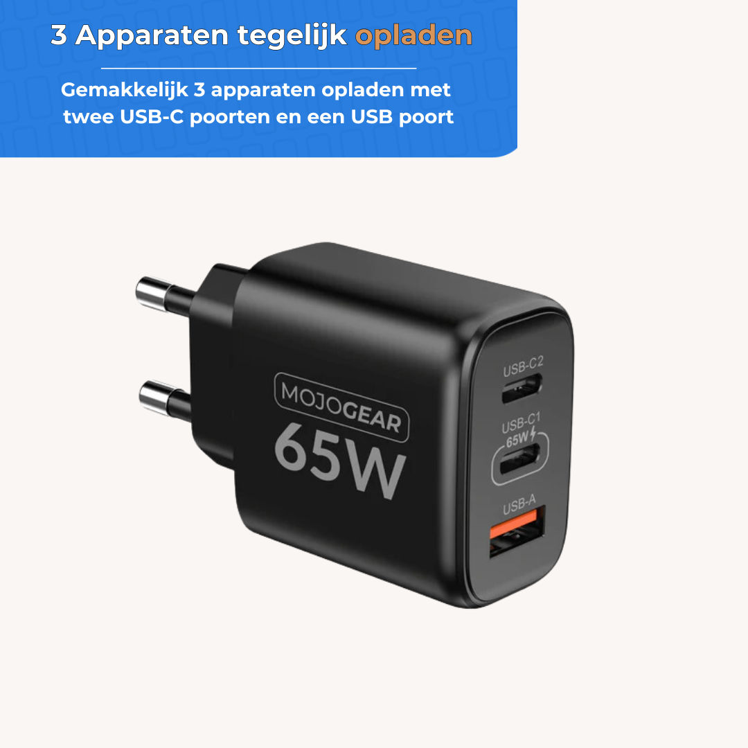 Chargeur MOJOGEAR CHARGE+ 65W à 3 ports USB/USB-C