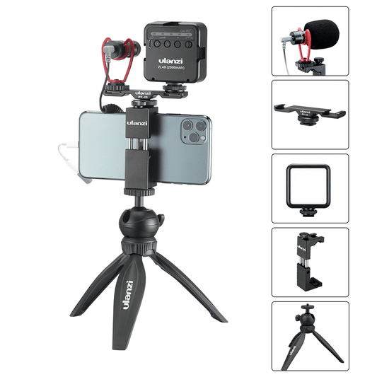 Ulanzi Smartphone vlog KIT EXTRA: mini-statief, telefoonhouder, dual cold shoe-mount, microfoon & LED-lamp - Ministatieven