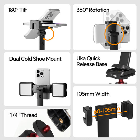 Ulanzi MA54 Uka telefoonhouder voor statief 360º draaibaar & kantelbaar - Telefoonhouders