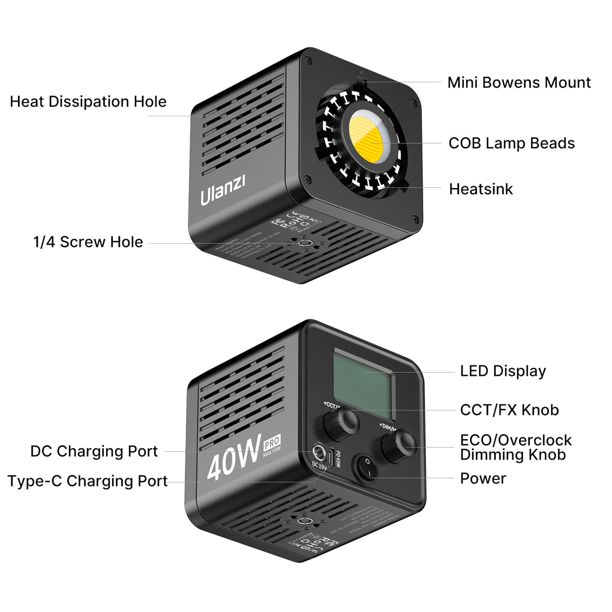 Lampe COB bicolore Ulanzi 40W PRO avec batterie intégrée