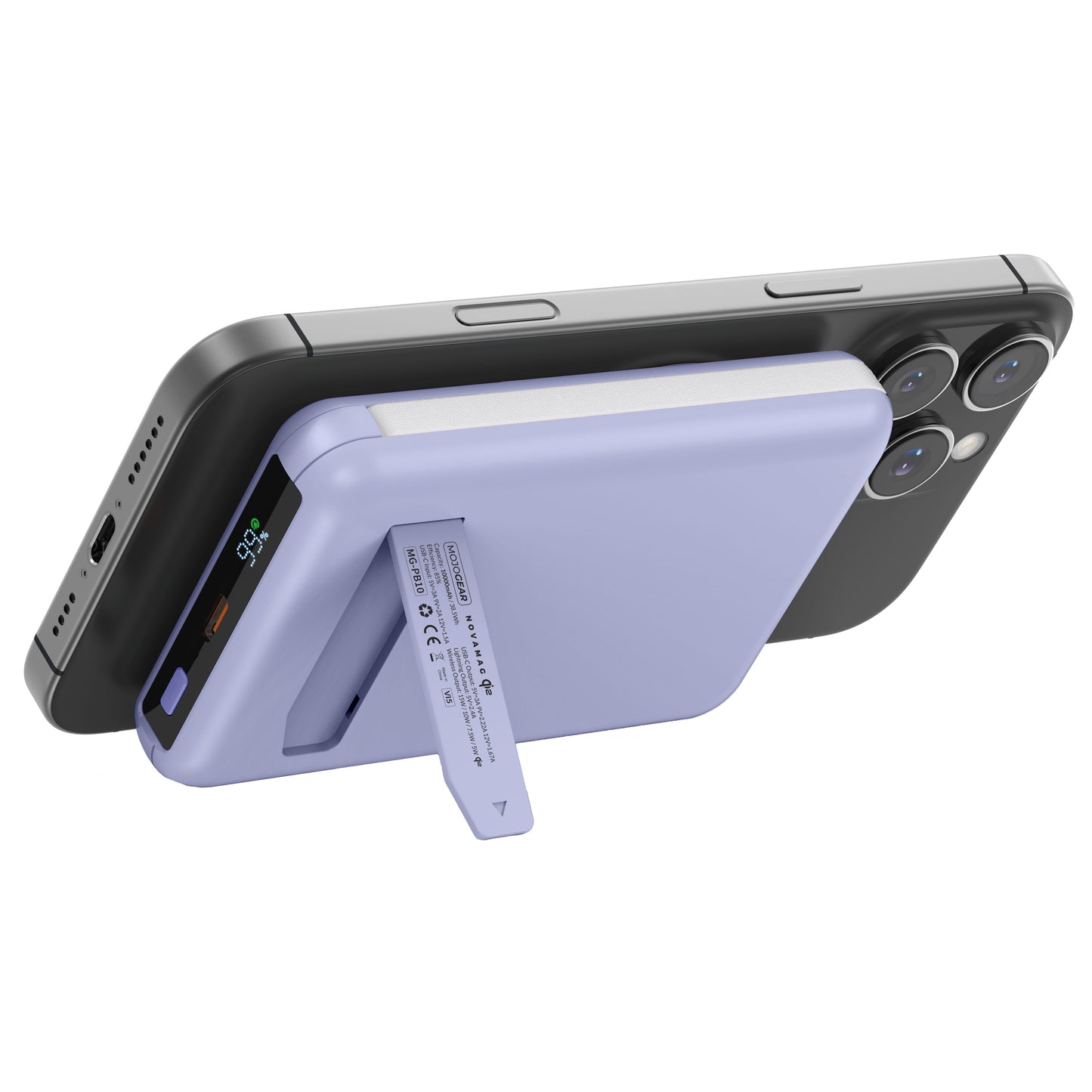 MOJOGEAR NovaMag All-in-1 Powerbank 10.000 mAh – Draadloos Qi2 & ingebouwde kabels – Paars - Powerbanks