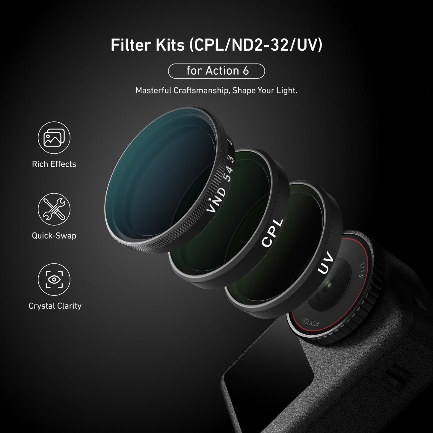 Telesin Kit de filtres pour DJI Osmo Action 6 - CPL + UV + VND