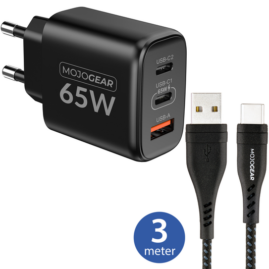 MOJOGEAR CHARGE+ 65W snellader met USB naar USB-C kabel 3 meter - Opladers