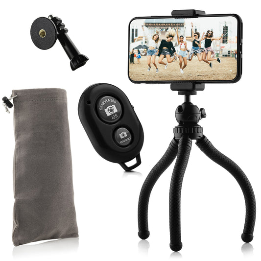 Flexibel statief met extra stevige poten KIT: incl. telefoonhouder, bluetooth remote, GoPro-adapter & opbergzakje - Flexibele statieven