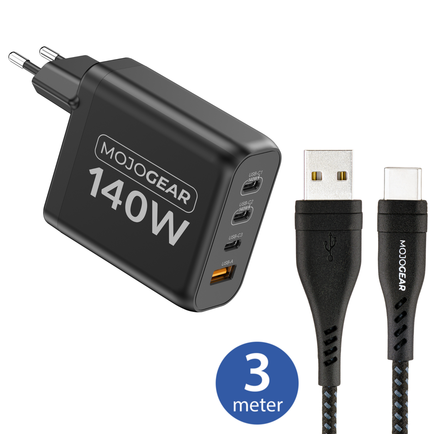 MOJOGEAR CHARGE+ 140 Watt oplader met USB naar USB-C kabel 3 meter - Opladers