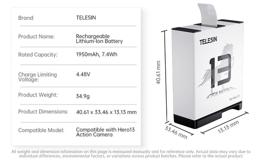 Telesin oplaadbare batterij voor GoPro 13 - 1950 mAh - GoPro Accu's en opladers