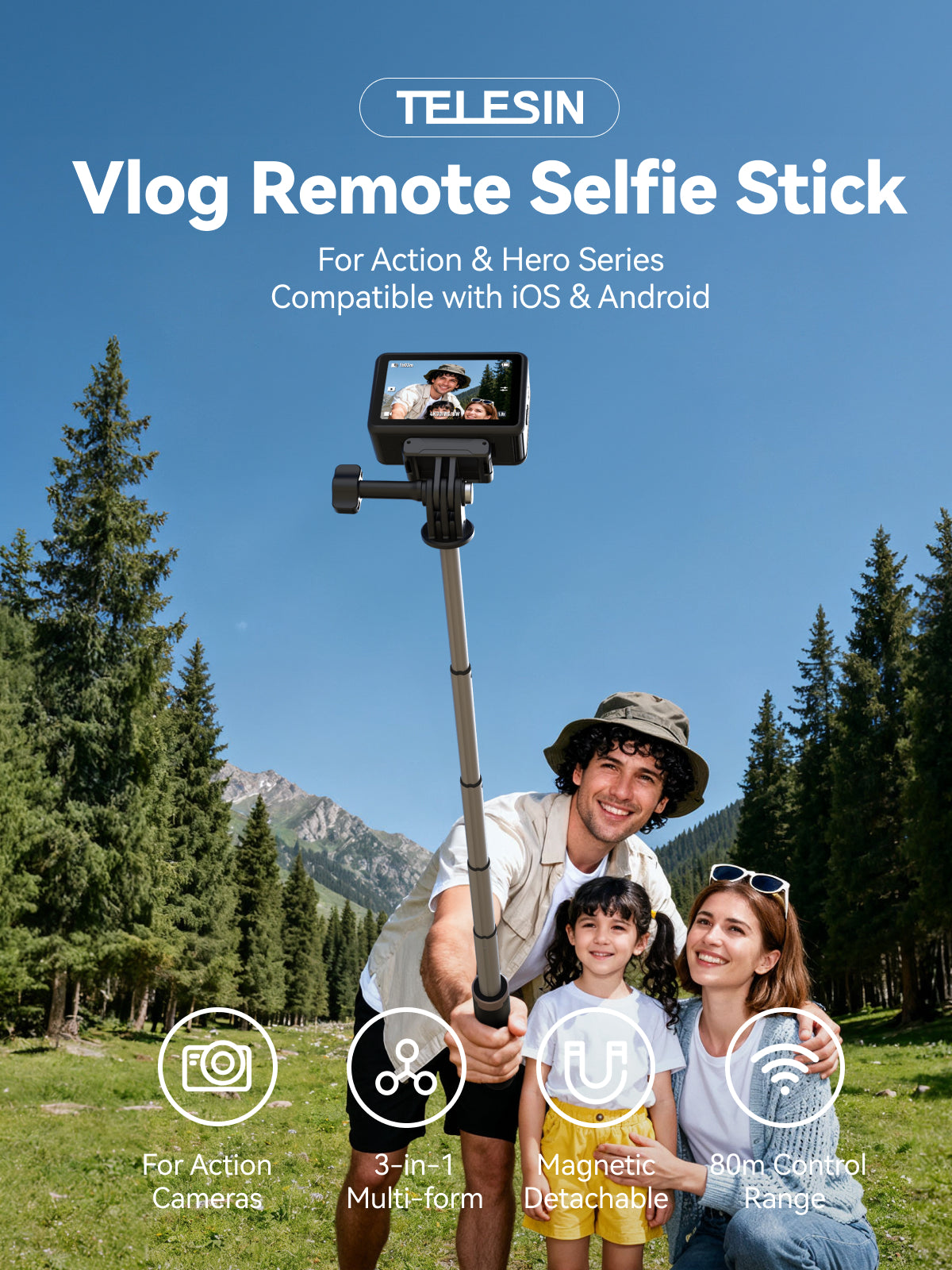 Perche à selfie Telesin pour vlogs, compatible GoPro, DJI et smartphones - Avec télécommande Bluetooth