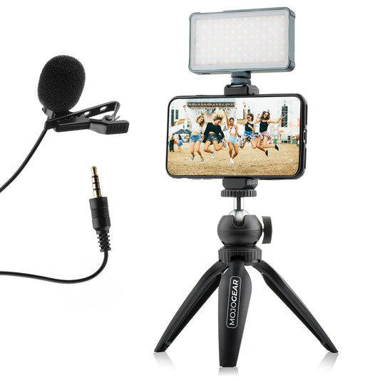 MOJOGEAR Video KIT / vlog set: Mini-statief + telefoonhouder + microfoon + lampje - Ministatieven