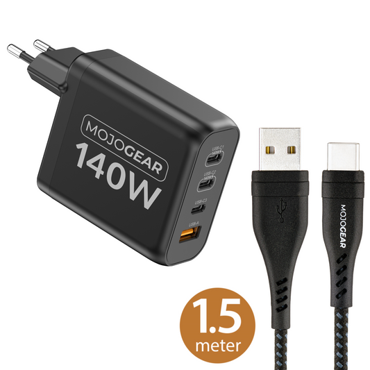 MOJOGEAR CHARGE+ 140 Watt oplader met USB naar USB-C kabel 1,5 meter - Opladers