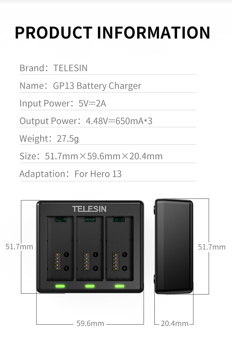 Telesin Triple batterij oplader voor 3 batterijen - GoPro Hero 13 - GoPro Accu's en opladers