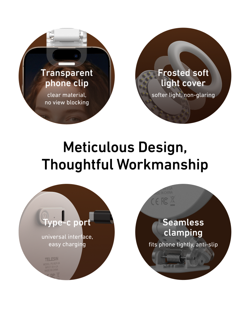 Telesin Mini Selfie Ringlamp met klem voor smartphone - wit - Videoverlichting