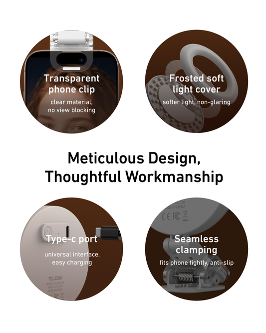 Telesin Mini Selfie Ringlamp met klem voor smartphone - wit - Videoverlichting