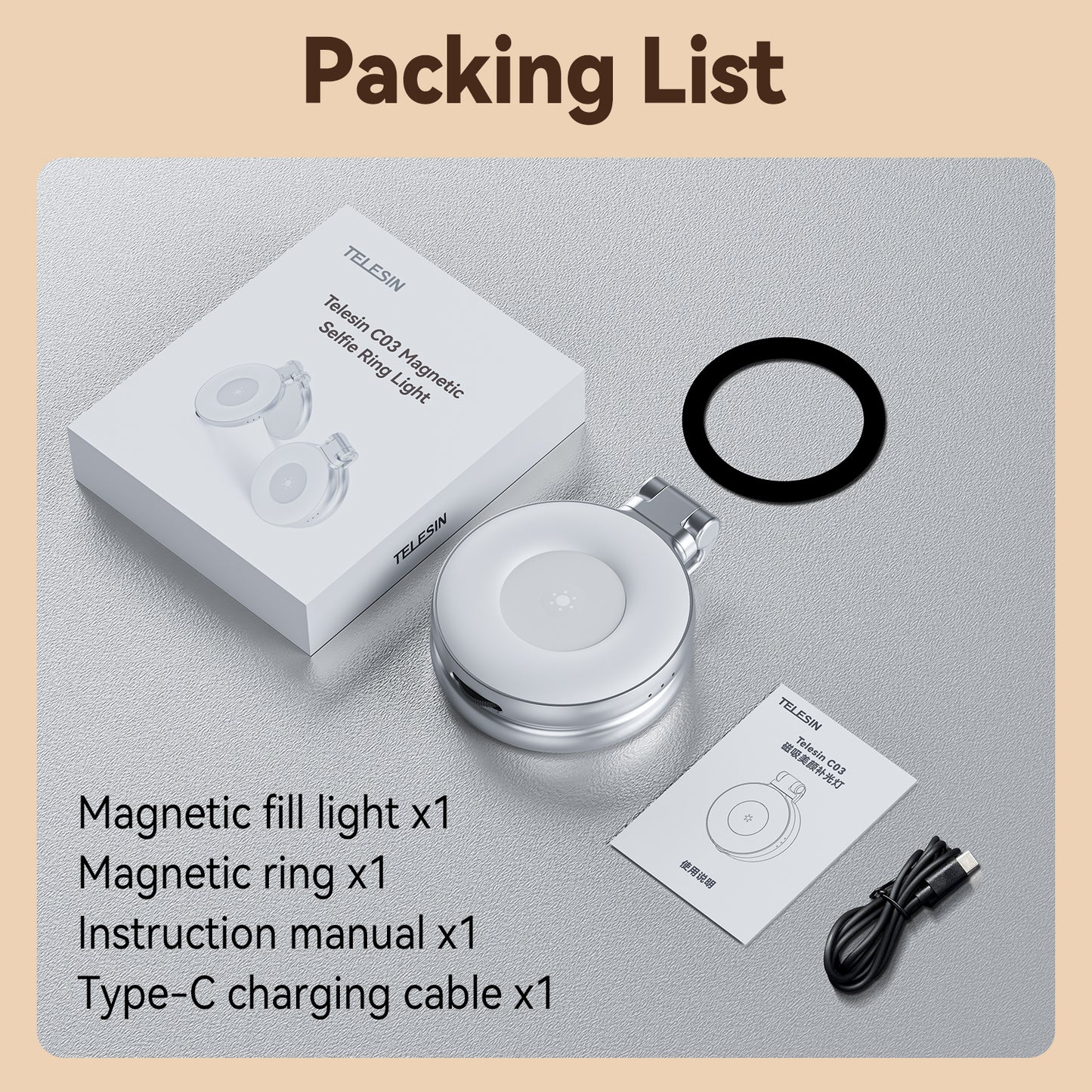 Telesin C03 MagSafe Selfie Light met spiegel – Zilver - Videoverlichting