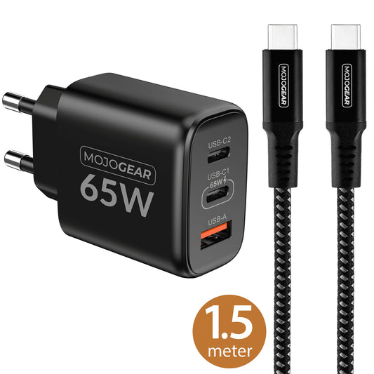 MOJOGEAR CHARGE+ Combo : chargeur 65 W avec câble USB-C de 1,5 mètre