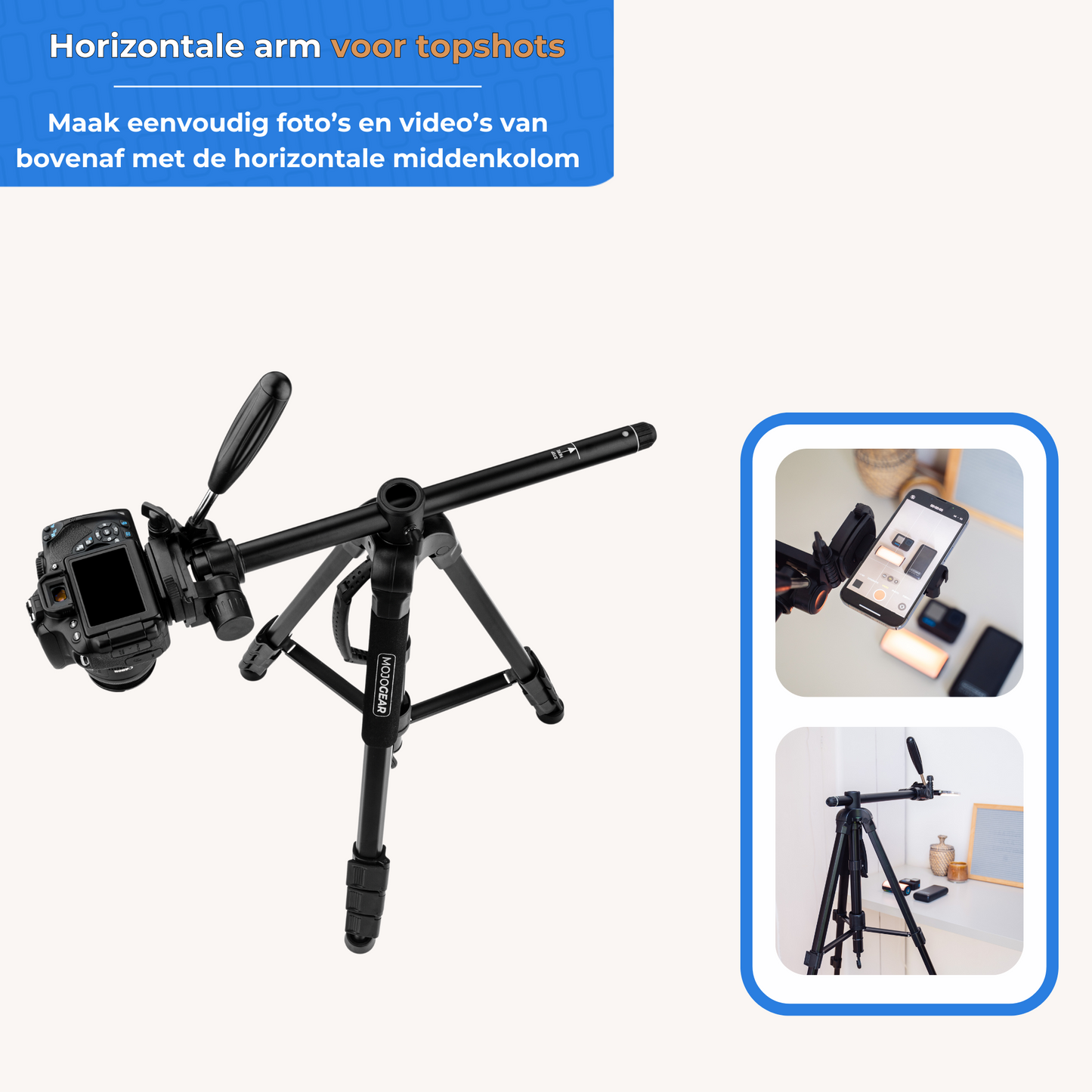 MOJOGEAR 179cm 3-in-1 camera & telefoon statief: driepoot, monopod & horizontale arm - Grote statieven