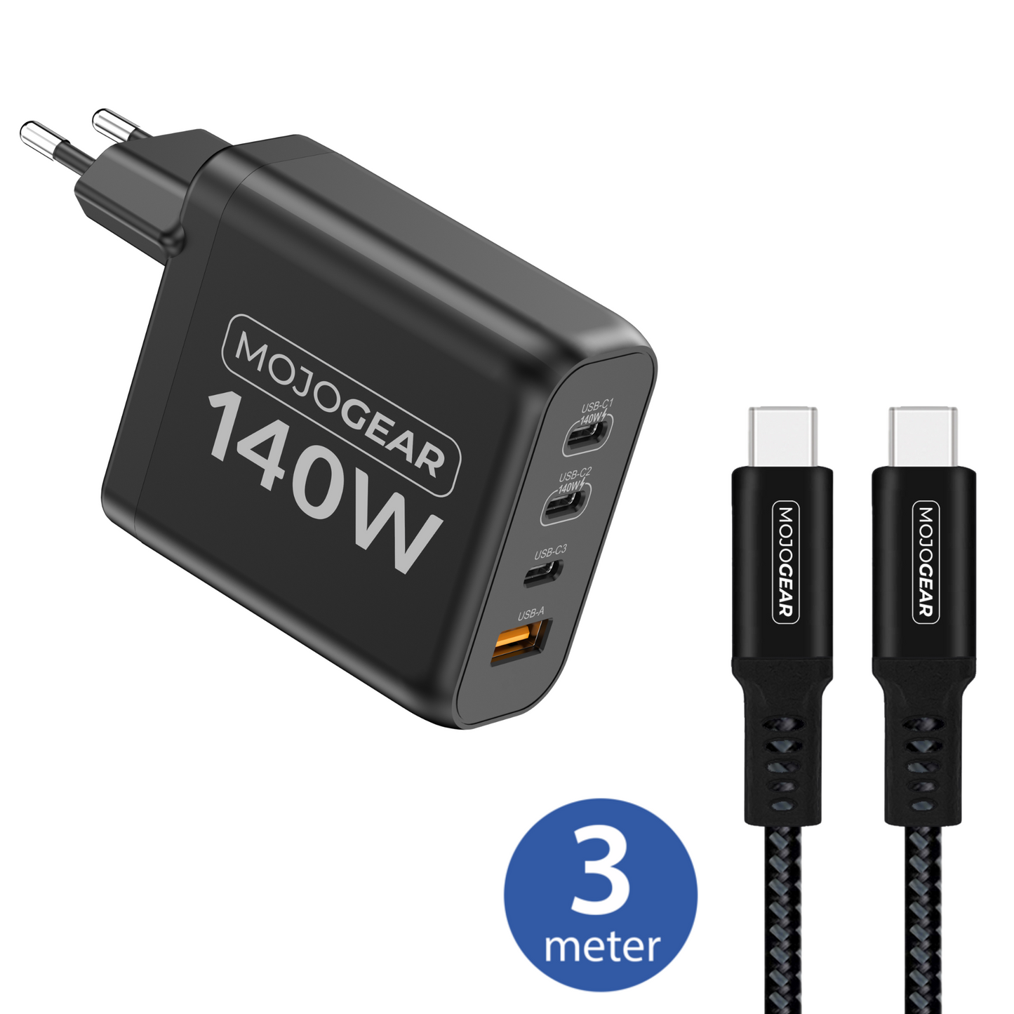 MOJOGEAR CHARGE+ 140 Watt oplader met USB-C naar USB-C kabel 3 meter - Opladers