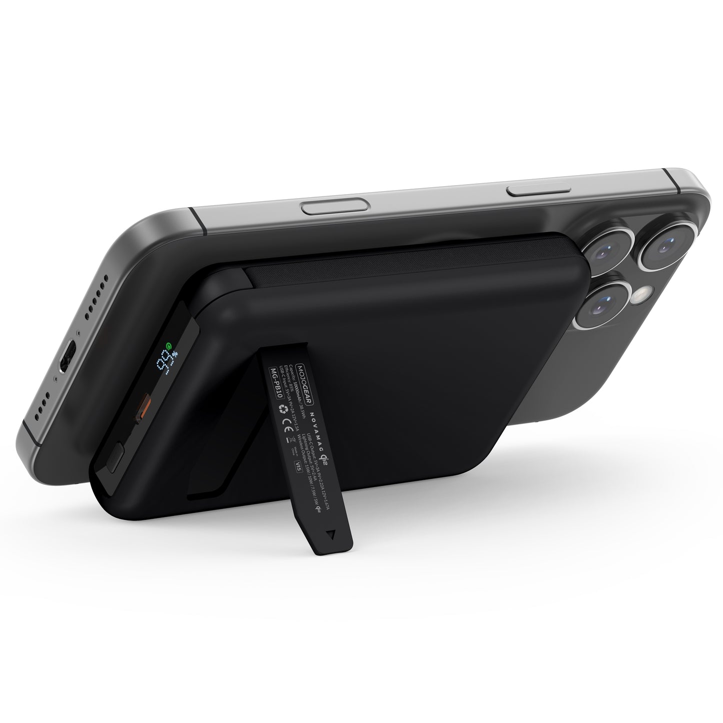 MOJOGEAR NovaMag All-in-1 Powerbank 10.000 mAh – Draadloos Qi2 & ingebouwde kabels – Zwart - Powerbanks