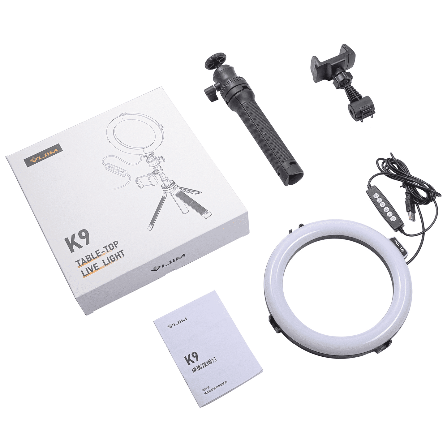 VIJIM K9 RGB Ringlamp met selfie stick-statief en telefoonhouder - 10 kleuren - Ringlampen