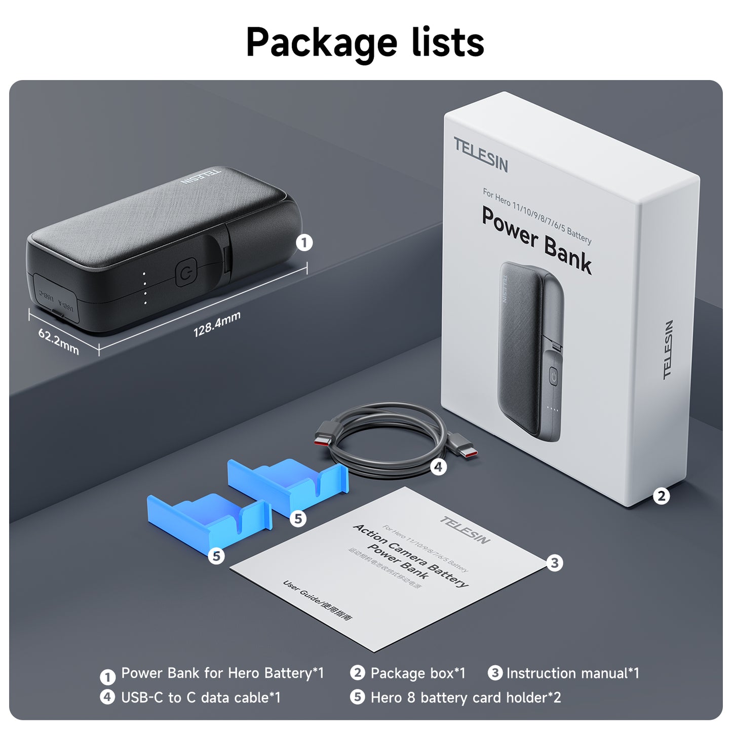 Telesin 10000mAh powerbank voor GoPro-accu's - GoPro 9 t/m 12 - GoPro Accu's en opladers