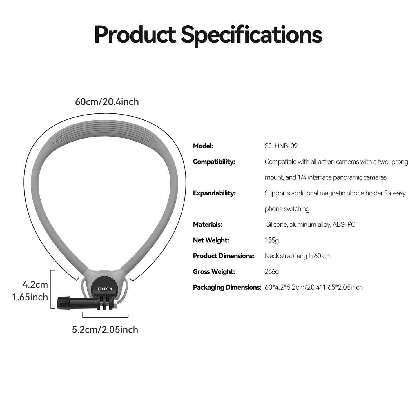 Telesin Neck Mount 360º Combo - GoPro & Smartphone - Grijs -