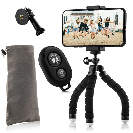 Flexibel mini-statief met schuimrubber poten KIT: incl. telefoonhouder, bluetooth remote, GoPro-adapter & opbergzakje - Flexibele statieven