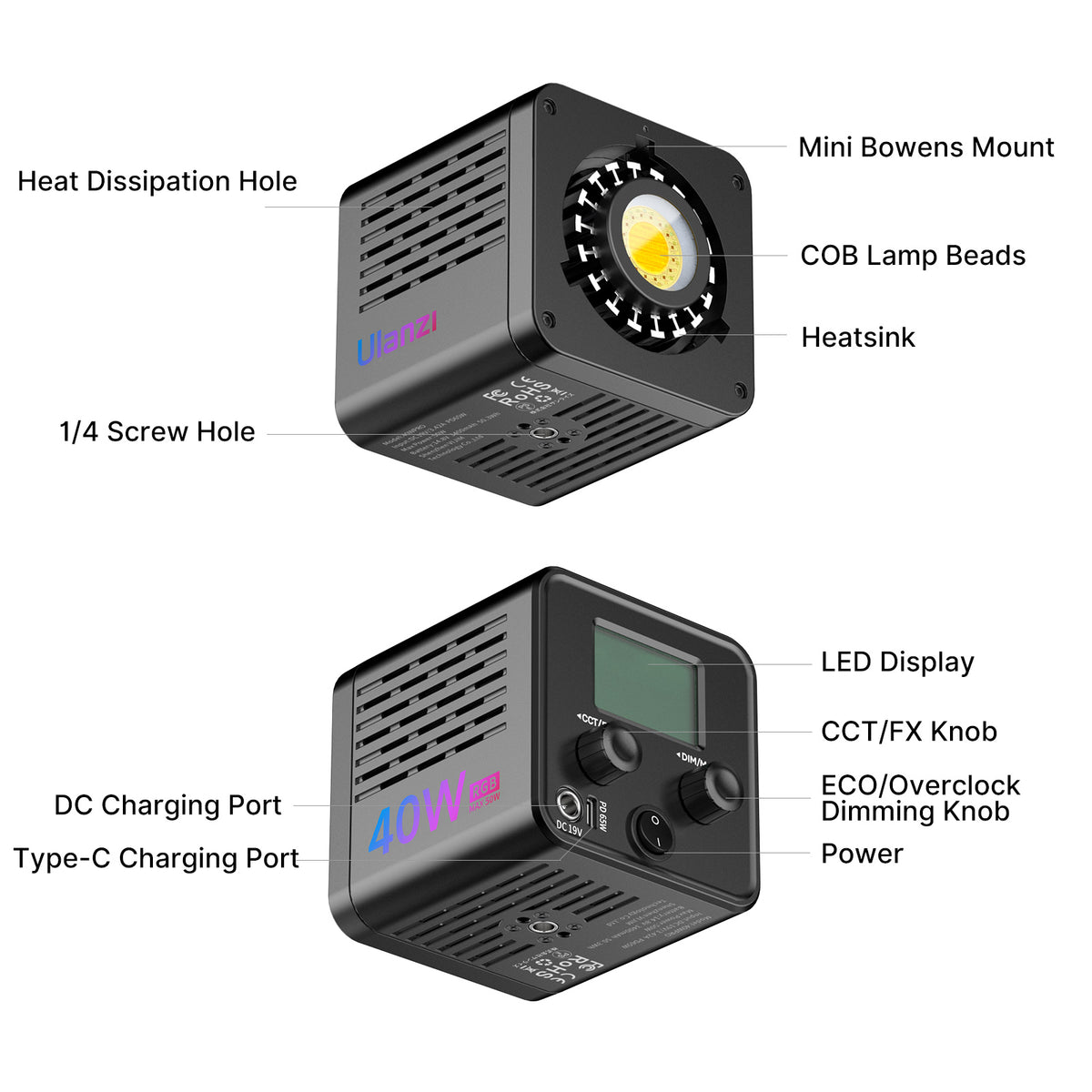 Lampe COB RGB Ulanzi 40WRGB avec batterie intégrée