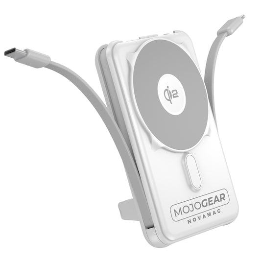 MOJOGEAR NovaMag All-in-1 Powerbank 10.000 mAh – Draadloos Qi2 & ingebouwde kabels – Wit - Powerbanks