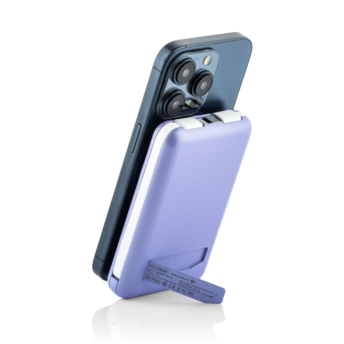 MOJOGEAR NovaMag All-in-1 Powerbank 10.000 mAh – Draadloos Qi2 & ingebouwde kabels – Paars - Powerbanks