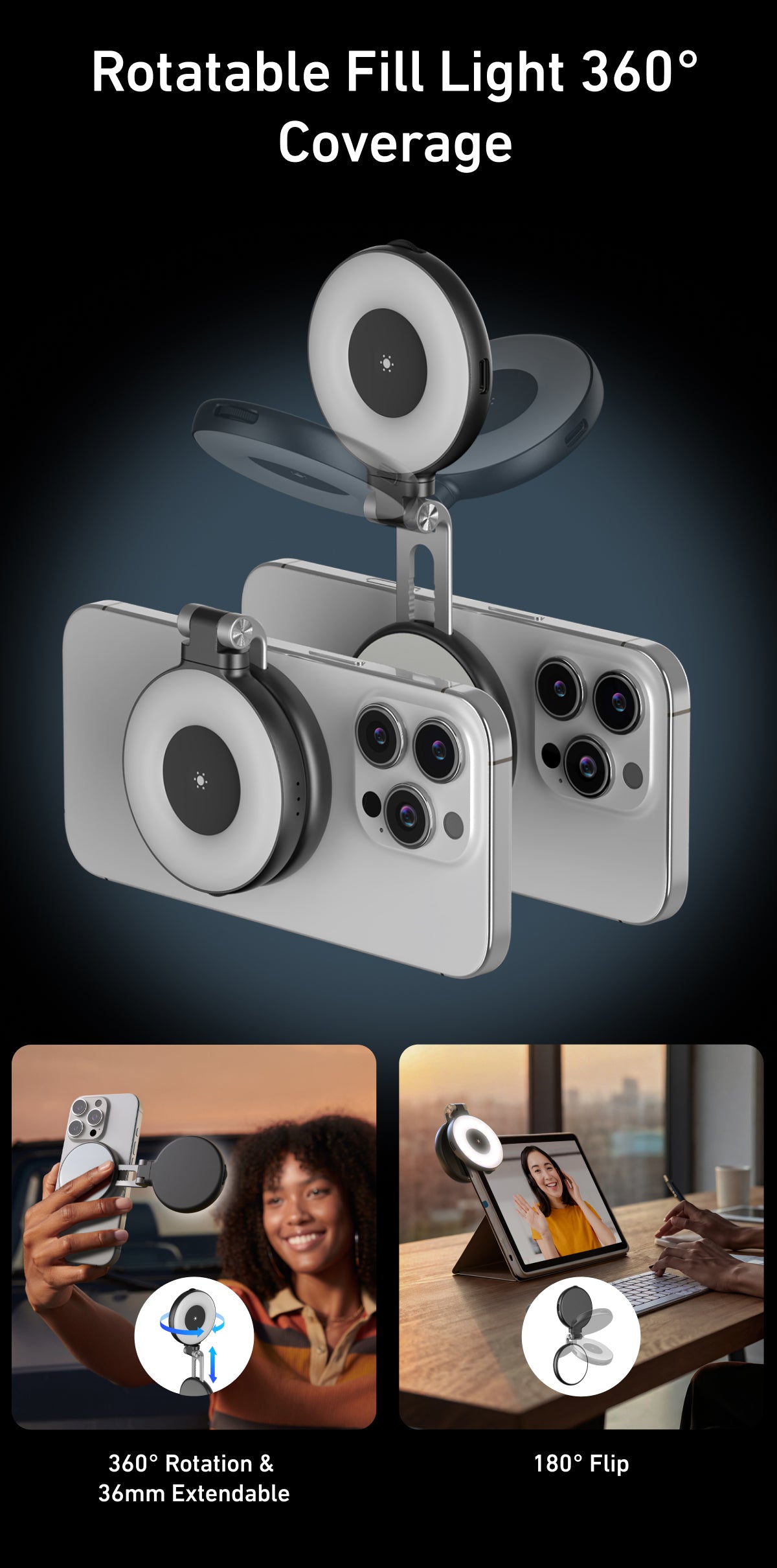 Telesin C03 Lumière à Selfie MagSafe rotative + miroir - Noir