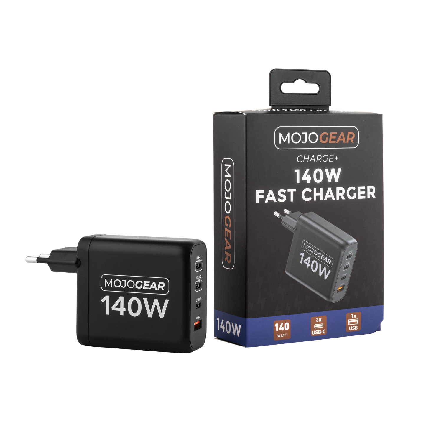 MOJOGEAR CHARGE+ 140 Watt oplader met USB-C naar USB-C kabel 3 meter - Opladers