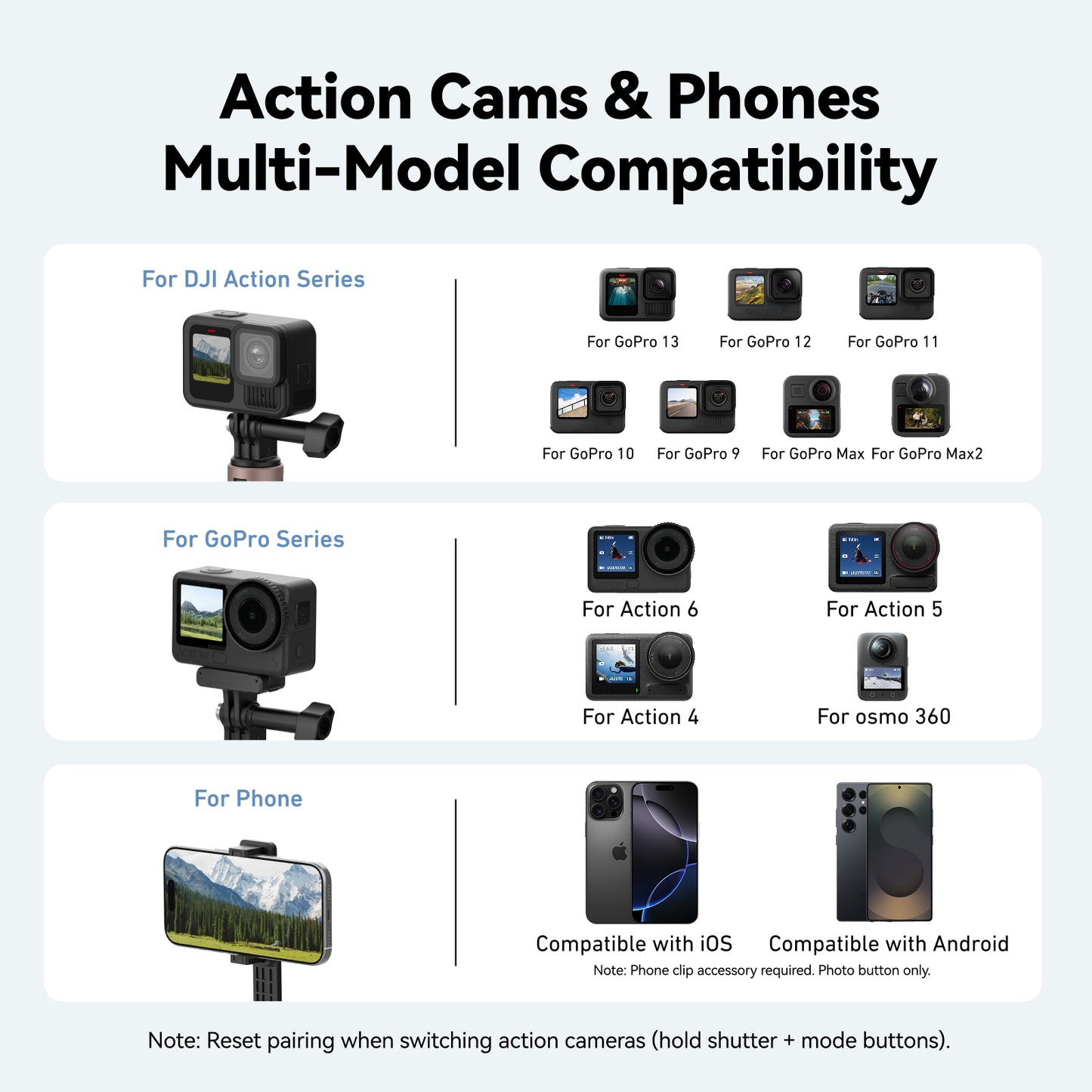 Perche à selfie Telesin pour vlogs, compatible GoPro, DJI et smartphones - Avec télécommande Bluetooth