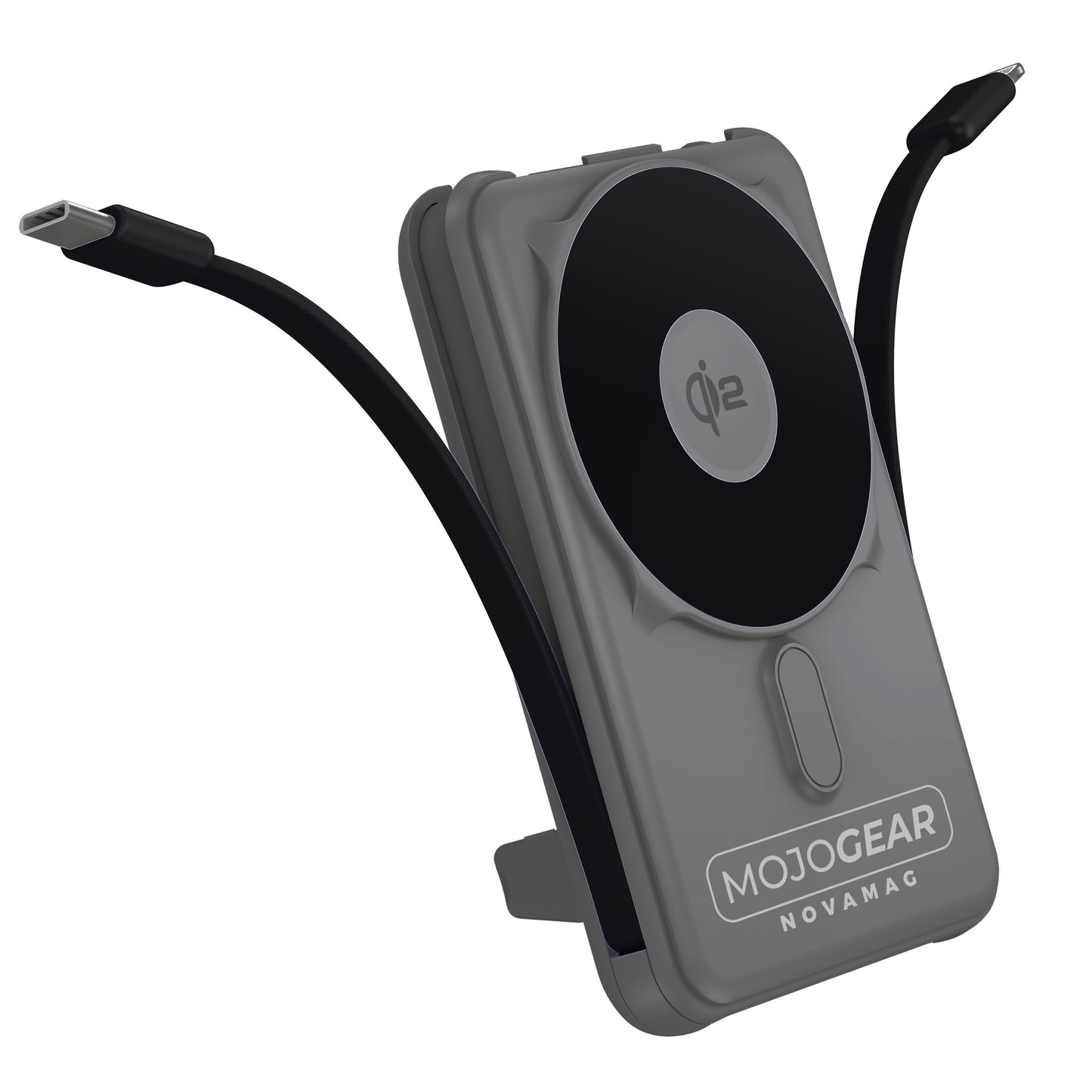 MOJOGEAR NovaMag All-in-1 Powerbank 10.000 mAh – Draadloos Qi2 & ingebouwde kabels – Grijs - Powerbanks