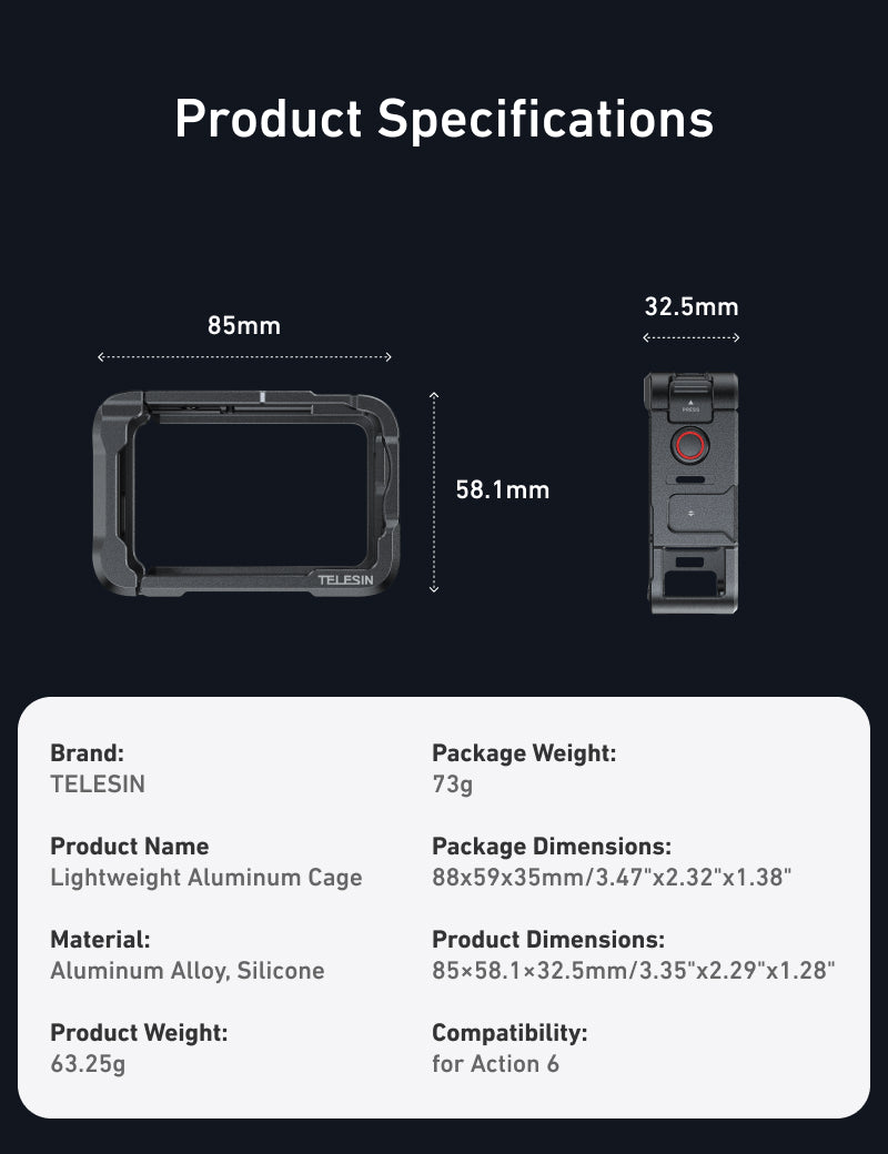Telesin Cage en métal pour DJI Osmo Action 6 - Grise