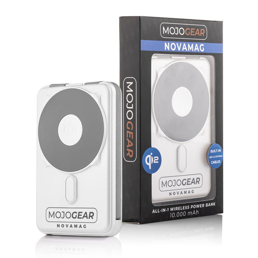 MOJOGEAR NovaMag All-in-1 Powerbank 10.000 mAh – Draadloos Qi2 & ingebouwde kabels – Wit - Powerbanks