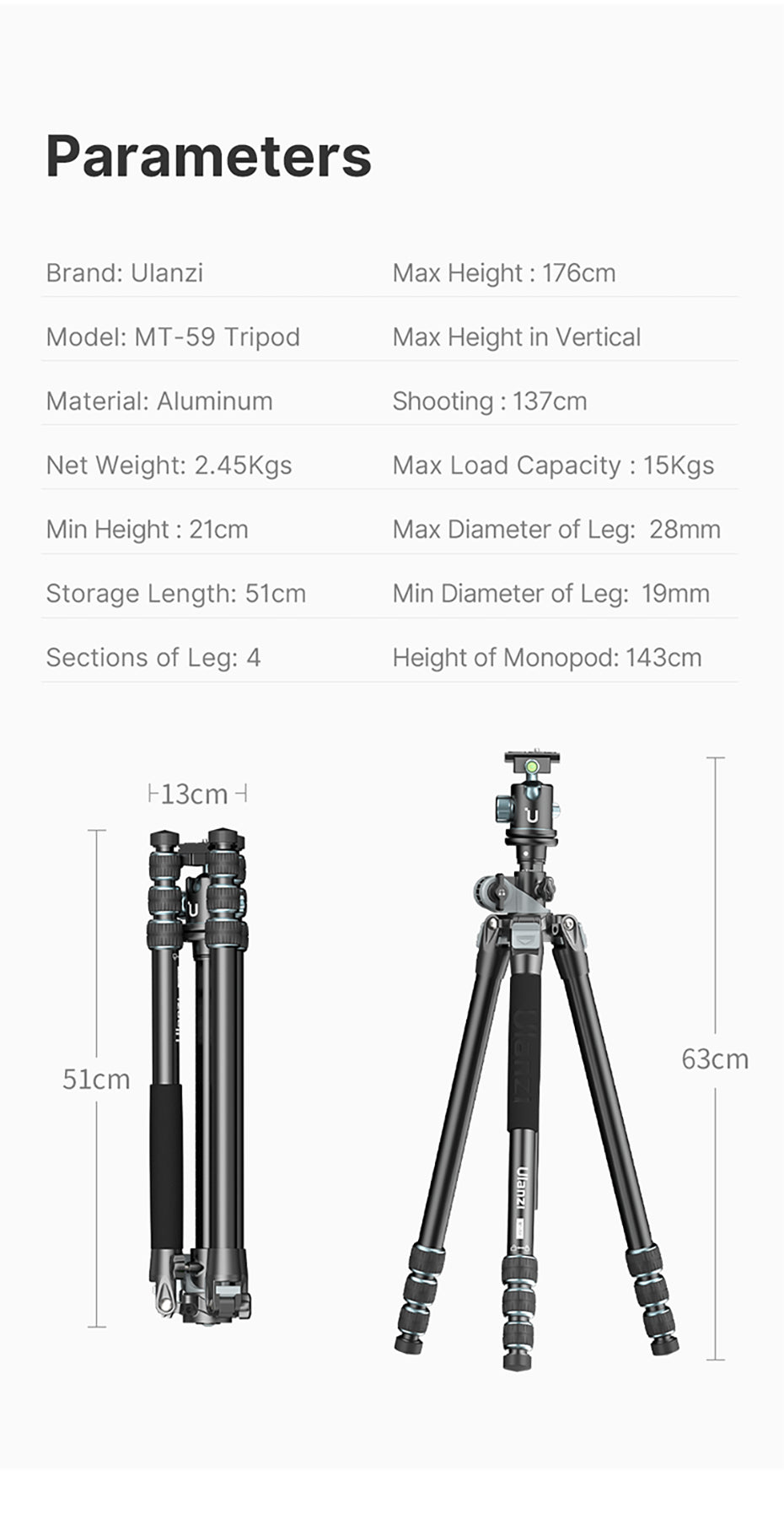 Trépied haut de gamme Ulanzi MT-59 avec bras horizontal/inclinable - 176 cm