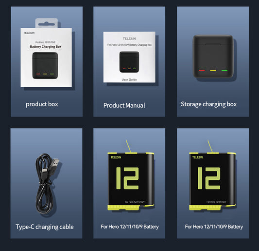 Telesin Oplaadbox met 2 batterijen voor GoPro 9/ 10 / 11 / 12 - GoPro Accu's en opladers