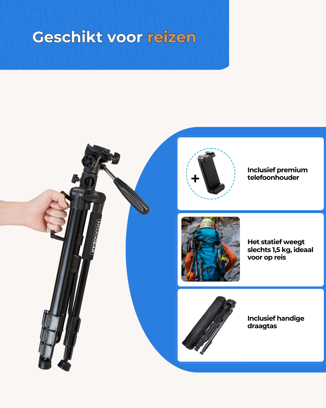 Trépied MOJOGEAR 167 cm 3-en-1 : trépied, monopode et bras horizontal