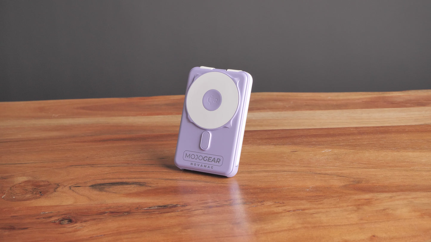 Batterie externe tout-en-un MOJOGEAR NovaMag 10 000 mAh – Sans fil Qi2 et câbles intégrés – Violet